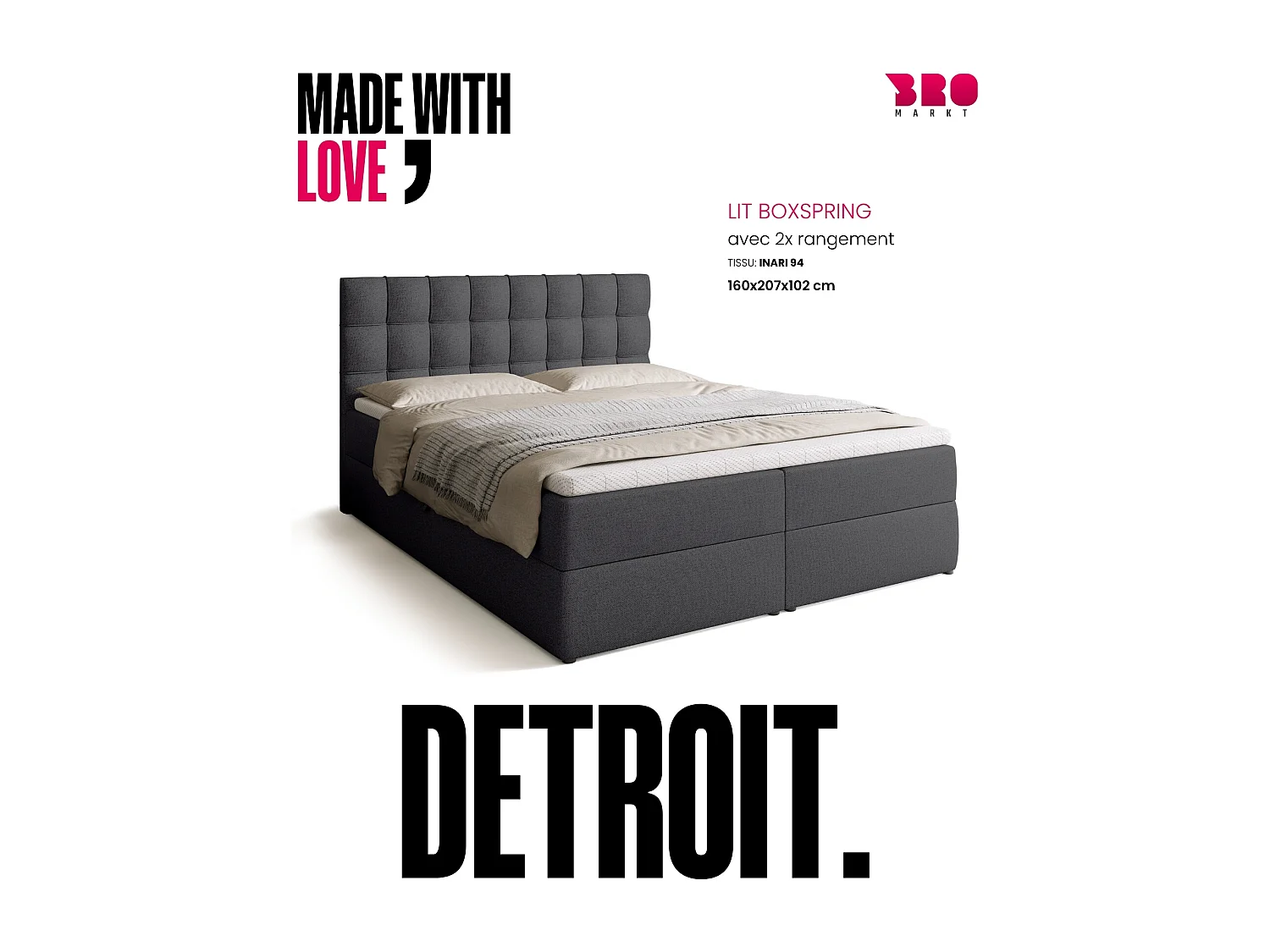 Lit boxspring avec rangement DETROIT - matelas - surmatelas - gris foncé - 160x200 cm