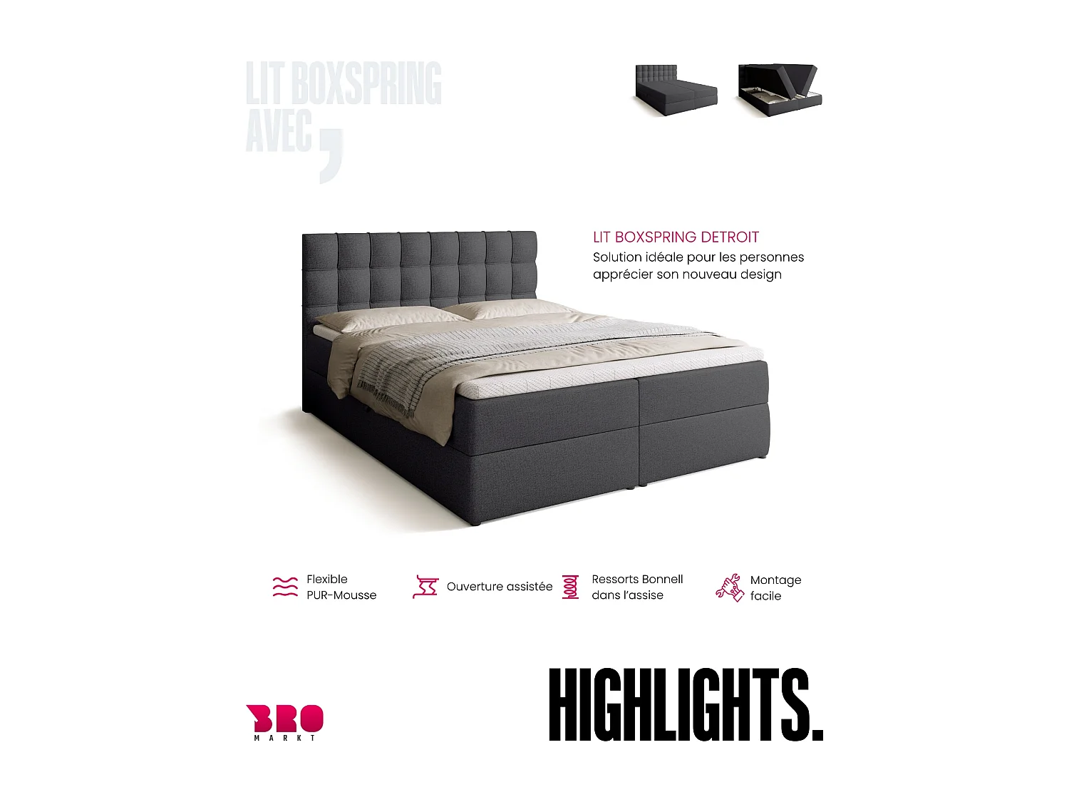 Lit boxspring avec rangement DETROIT - matelas - surmatelas - gris foncé - 160x200 cm