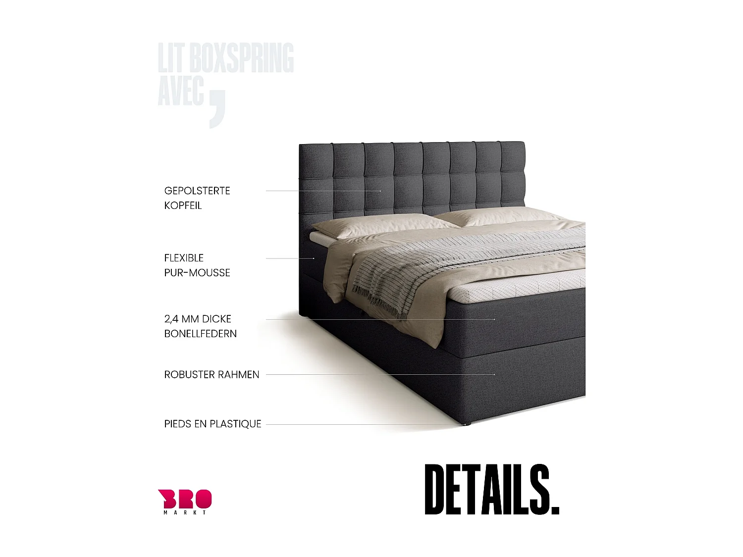 Lit boxspring avec rangement DETROIT - matelas - surmatelas - gris foncé - 160x200 cm
