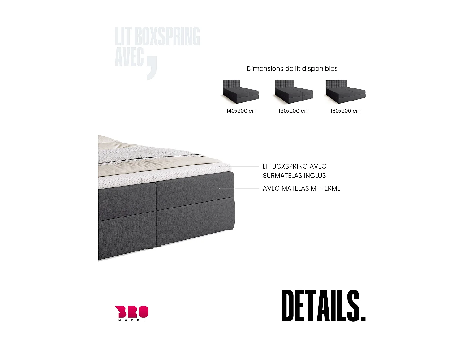 Lit boxspring avec rangement DETROIT - matelas - surmatelas - gris foncé - 160x200 cm
