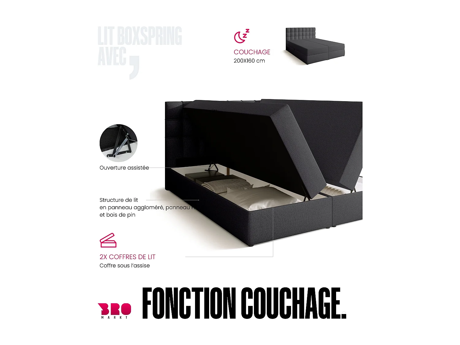 Lit boxspring avec rangement DETROIT - matelas - surmatelas - gris foncé - 160x200 cm