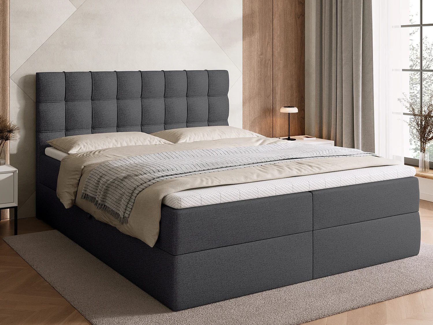 Lit boxspring avec rangement DETROIT - matelas - surmatelas - gris foncé - 160x200 cm
