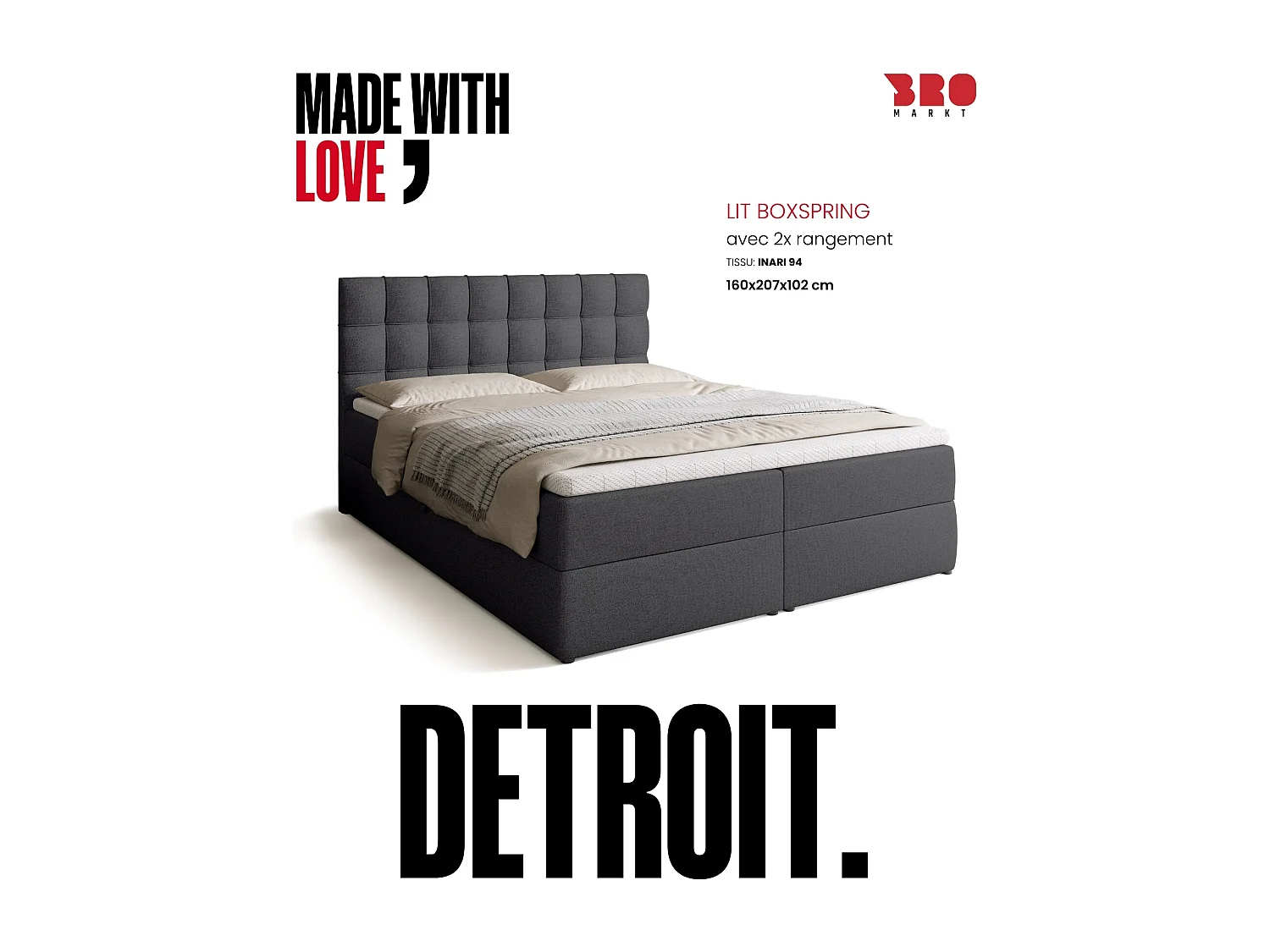 Lit boxspring avec rangement DETROIT - matelas - surmatelas - gris foncé - 160x200 cm