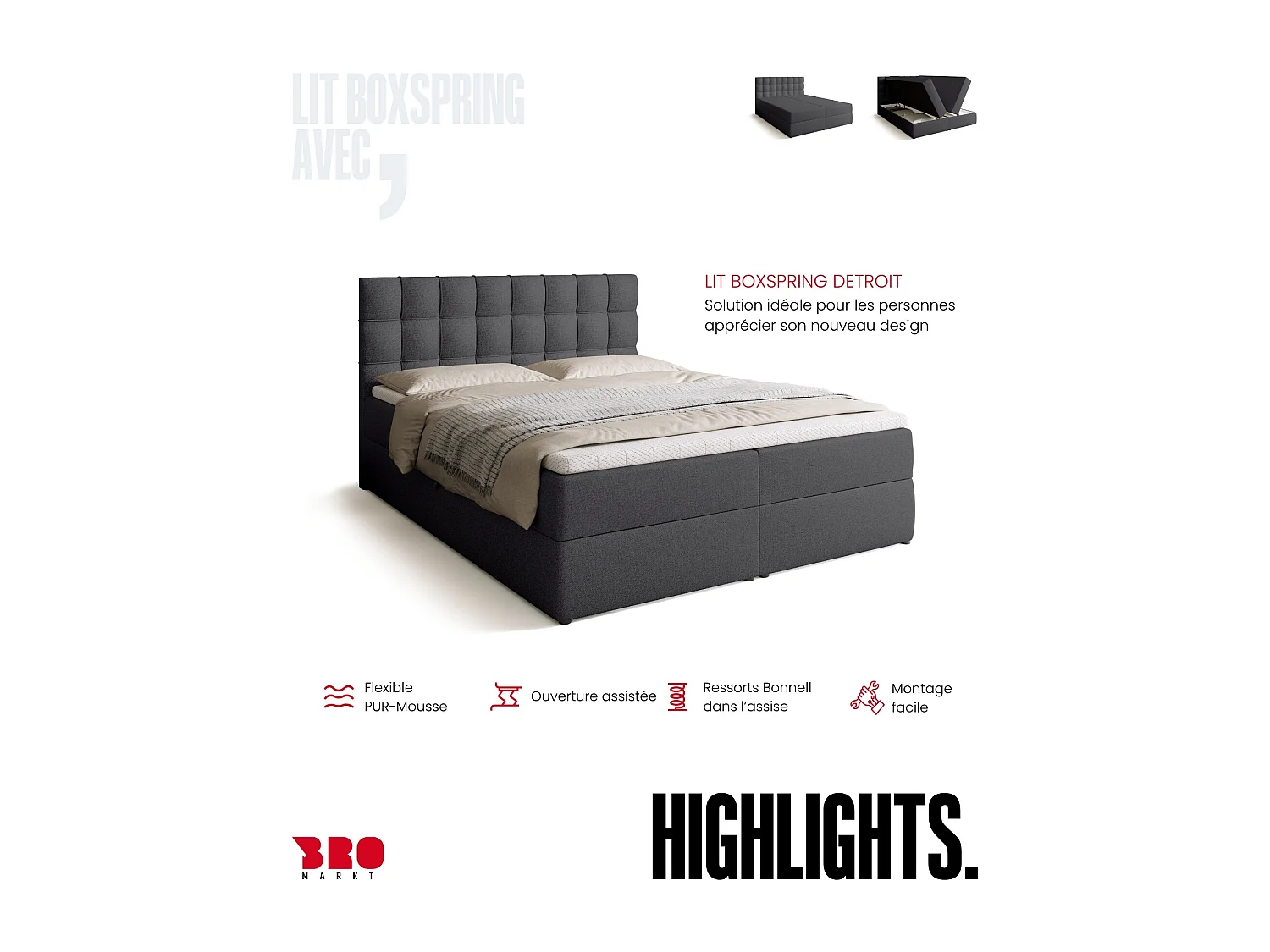Lit boxspring avec rangement DETROIT - matelas - surmatelas - gris foncé - 160x200 cm