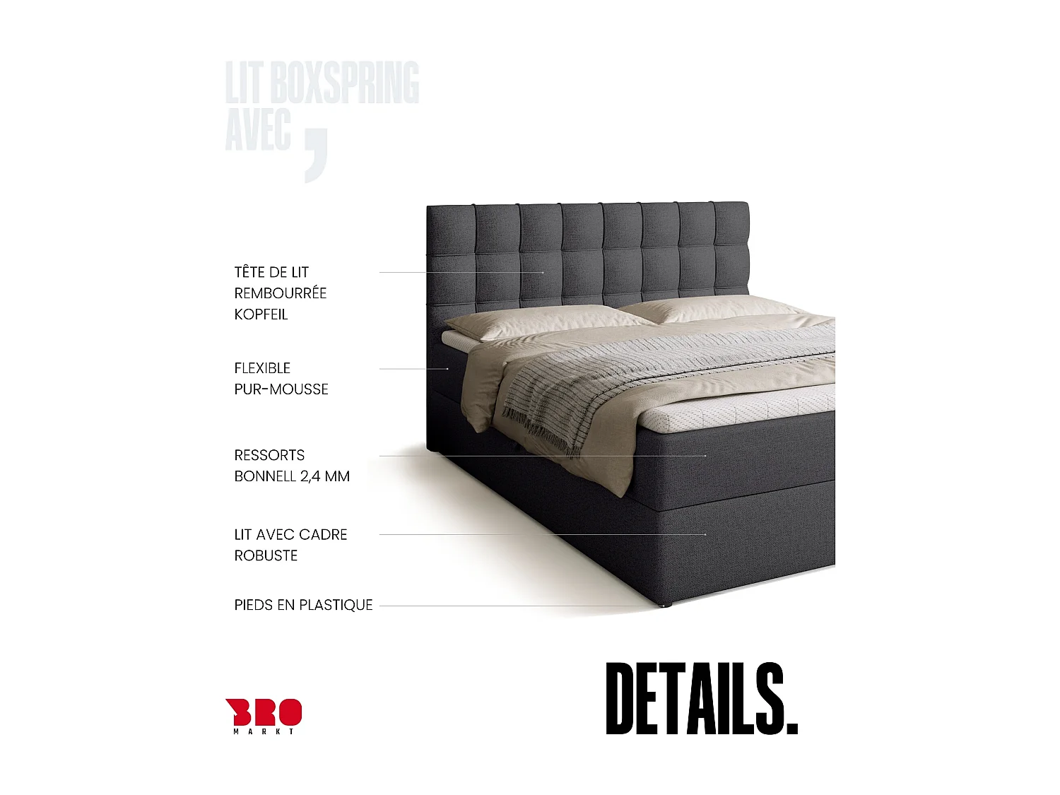 Lit boxspring avec rangement DETROIT - matelas - surmatelas - gris foncé - 160x200 cm