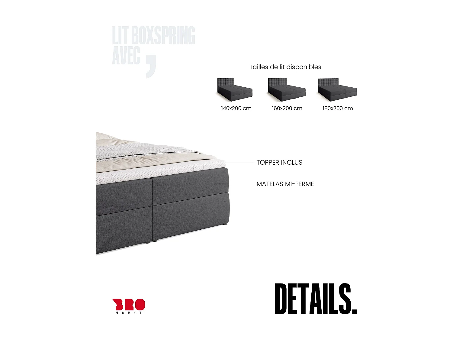 Lit boxspring avec rangement DETROIT - matelas - surmatelas - gris foncé - 160x200 cm