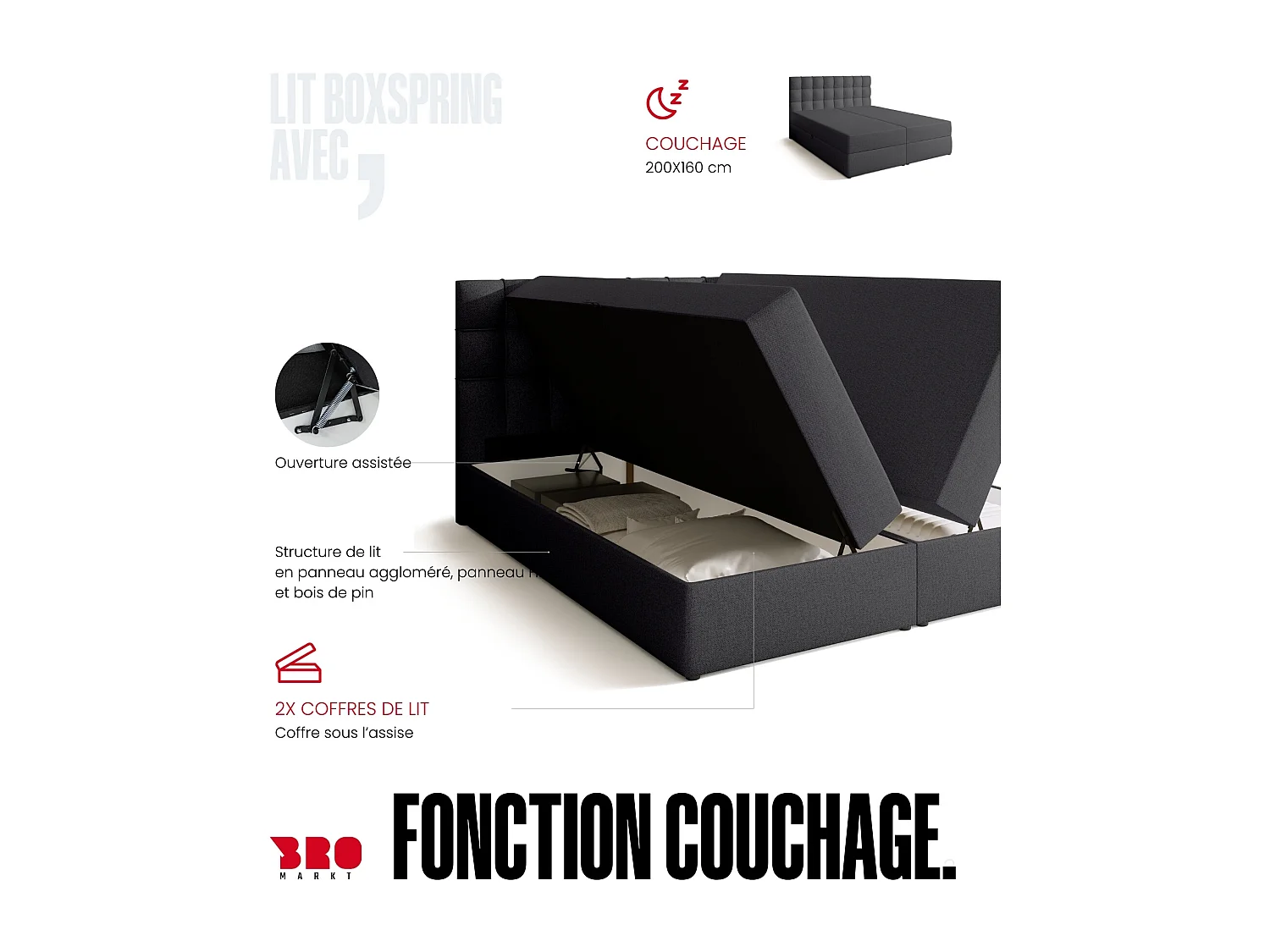 Lit boxspring avec rangement DETROIT - matelas - surmatelas - gris foncé - 160x200 cm