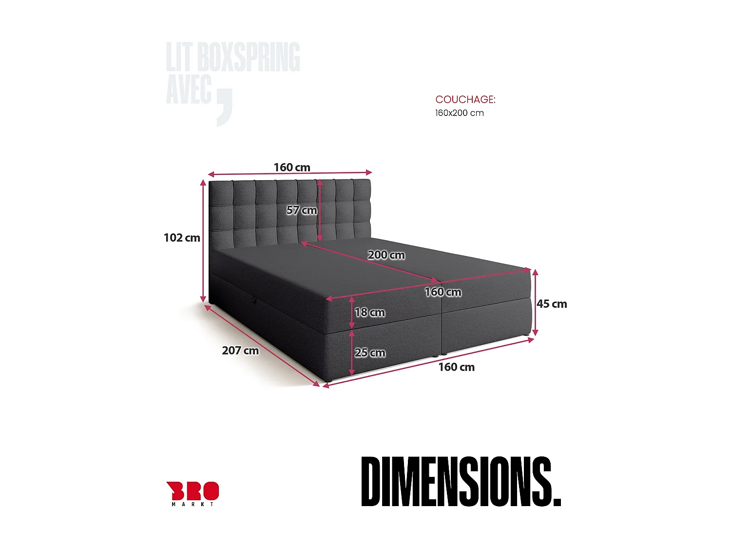 Lit boxspring avec rangement DETROIT - matelas - surmatelas - gris foncé - 160x200 cm