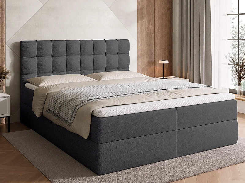 Lit boxspring avec rangement DETROIT - matelas - surmatelas - gris foncé - 160x200 cm
