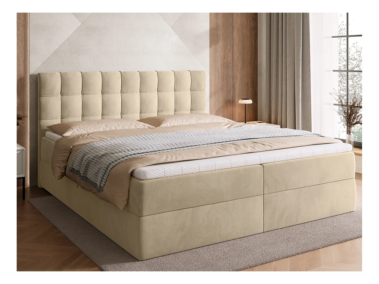 Lit boxspring avec rangement DETROIT - matelas - surmatelas - beige - 180x200 cm