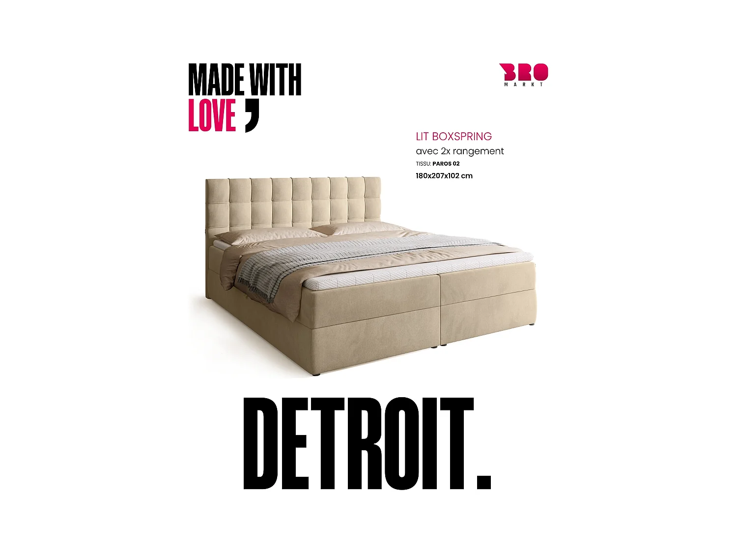 Lit boxspring avec rangement DETROIT - matelas - surmatelas - beige - 180x200 cm