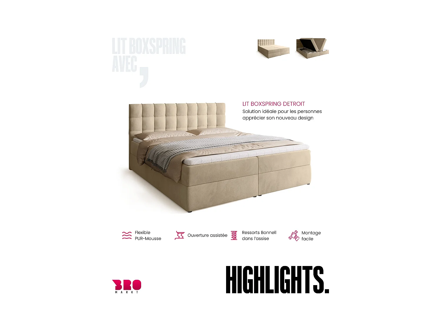 Lit boxspring avec rangement DETROIT - matelas - surmatelas - beige - 180x200 cm
