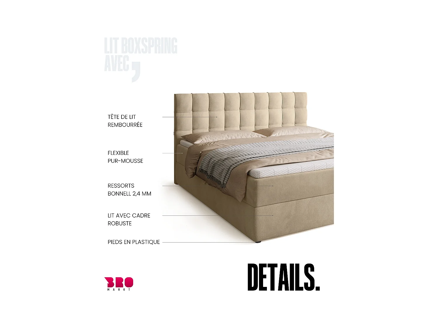 Lit boxspring avec rangement DETROIT - matelas - surmatelas - beige - 180x200 cm