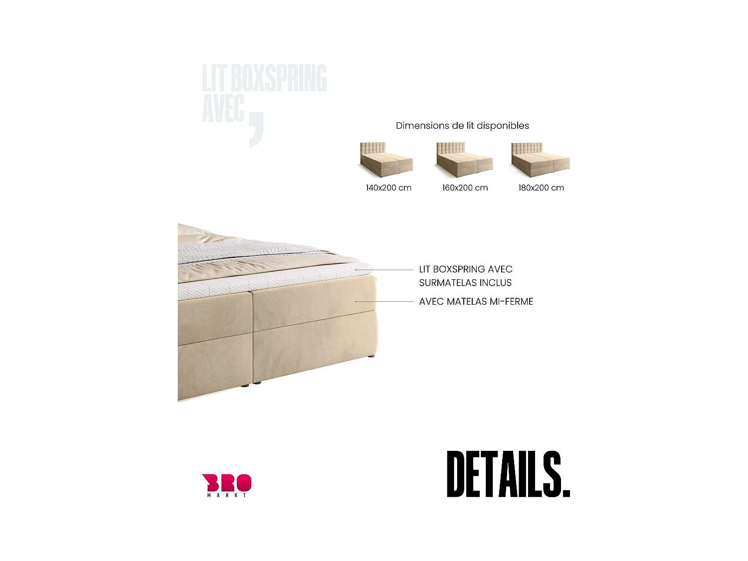 Lit boxspring avec rangement DETROIT - matelas - surmatelas - beige - 180x200 cm