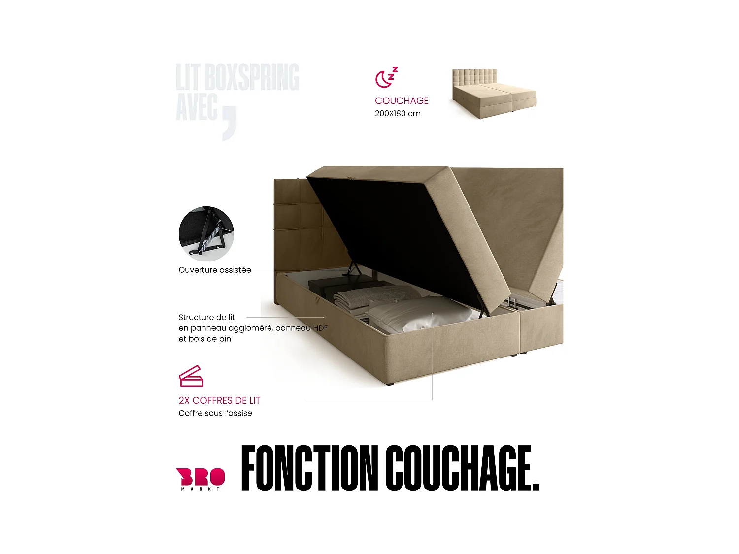 Lit boxspring avec rangement DETROIT - matelas - surmatelas - beige - 180x200 cm