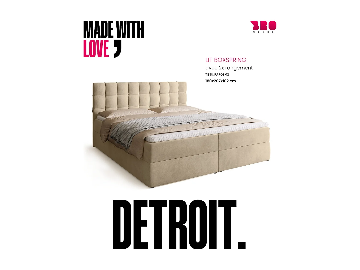 Boxspringbed met hoofdeinde, matras en dekmatras - DETROIT - 180x200 - lichtbeige