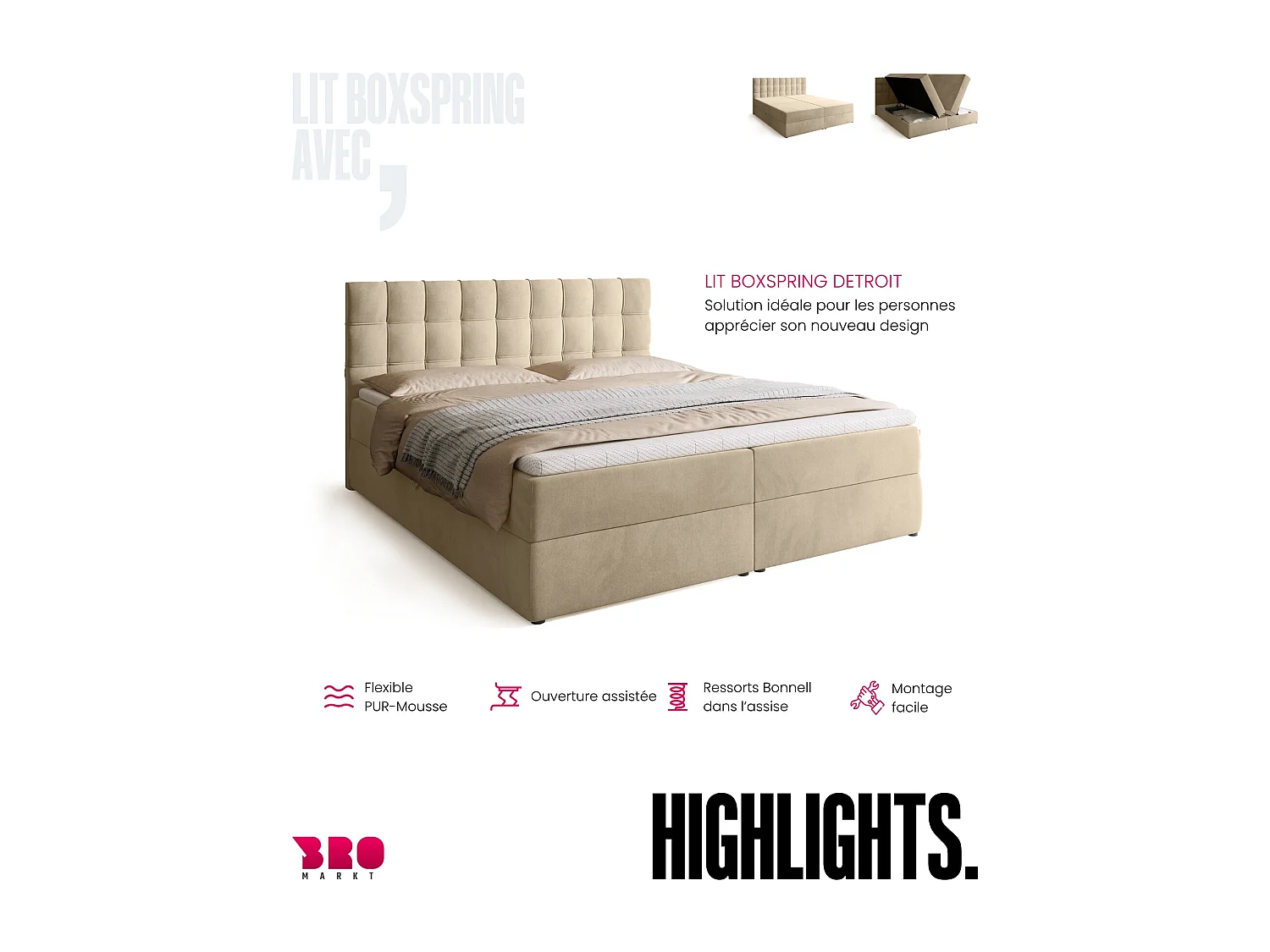Boxspringbed met hoofdeinde, matras en dekmatras - DETROIT - 180x200 - lichtbeige