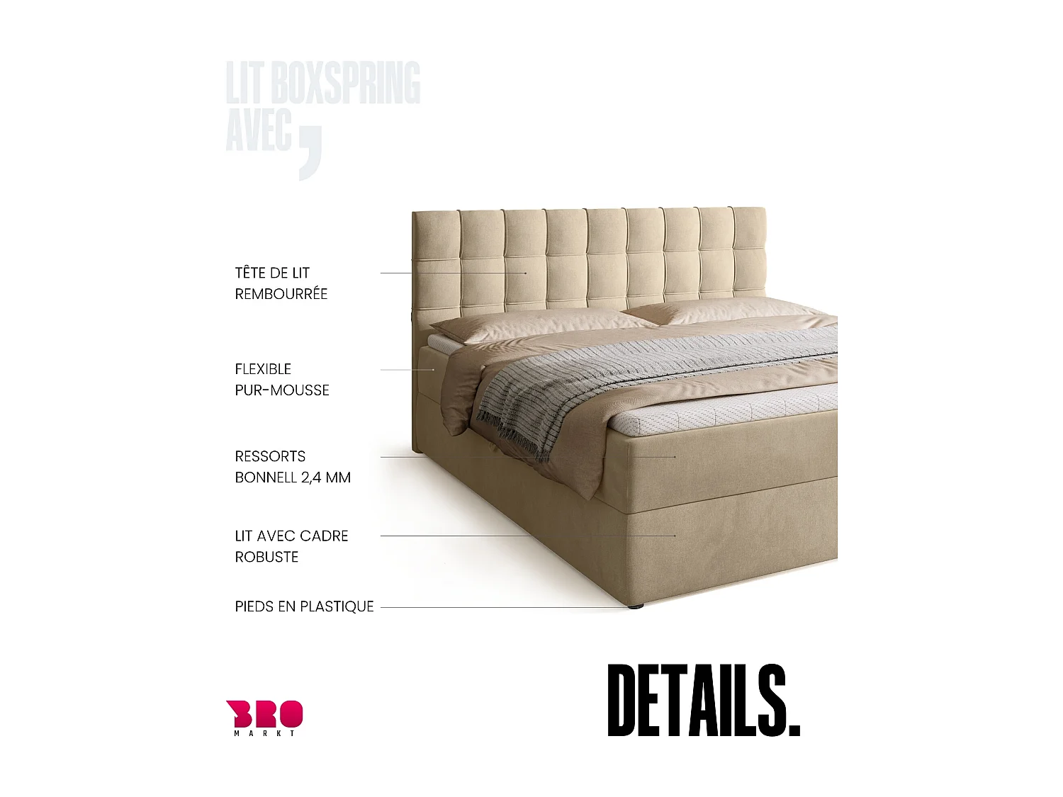 Boxspringbed met hoofdeinde, matras en dekmatras - DETROIT - 180x200 - lichtbeige