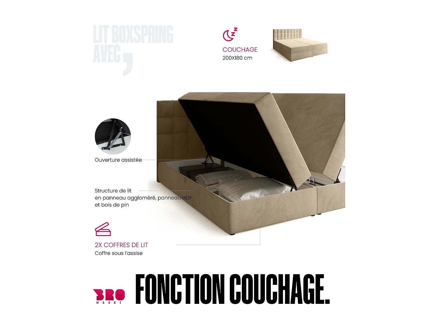 Boxspringbed met hoofdeinde, matras en dekmatras - DETROIT - 180x200 - lichtbeige