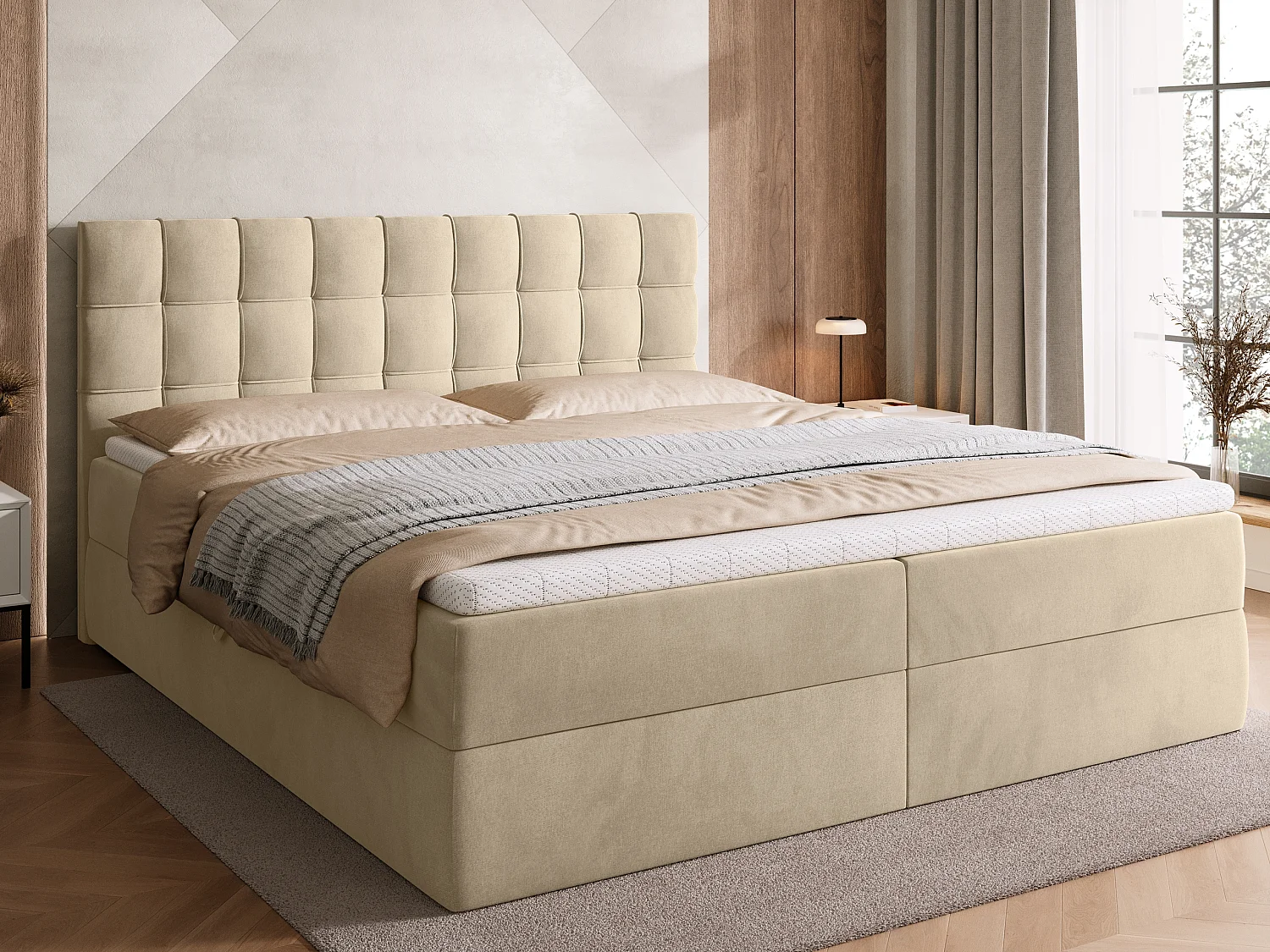 Lit boxspring avec rangement DETROIT - matelas - surmatelas - beige - 180x200 cm