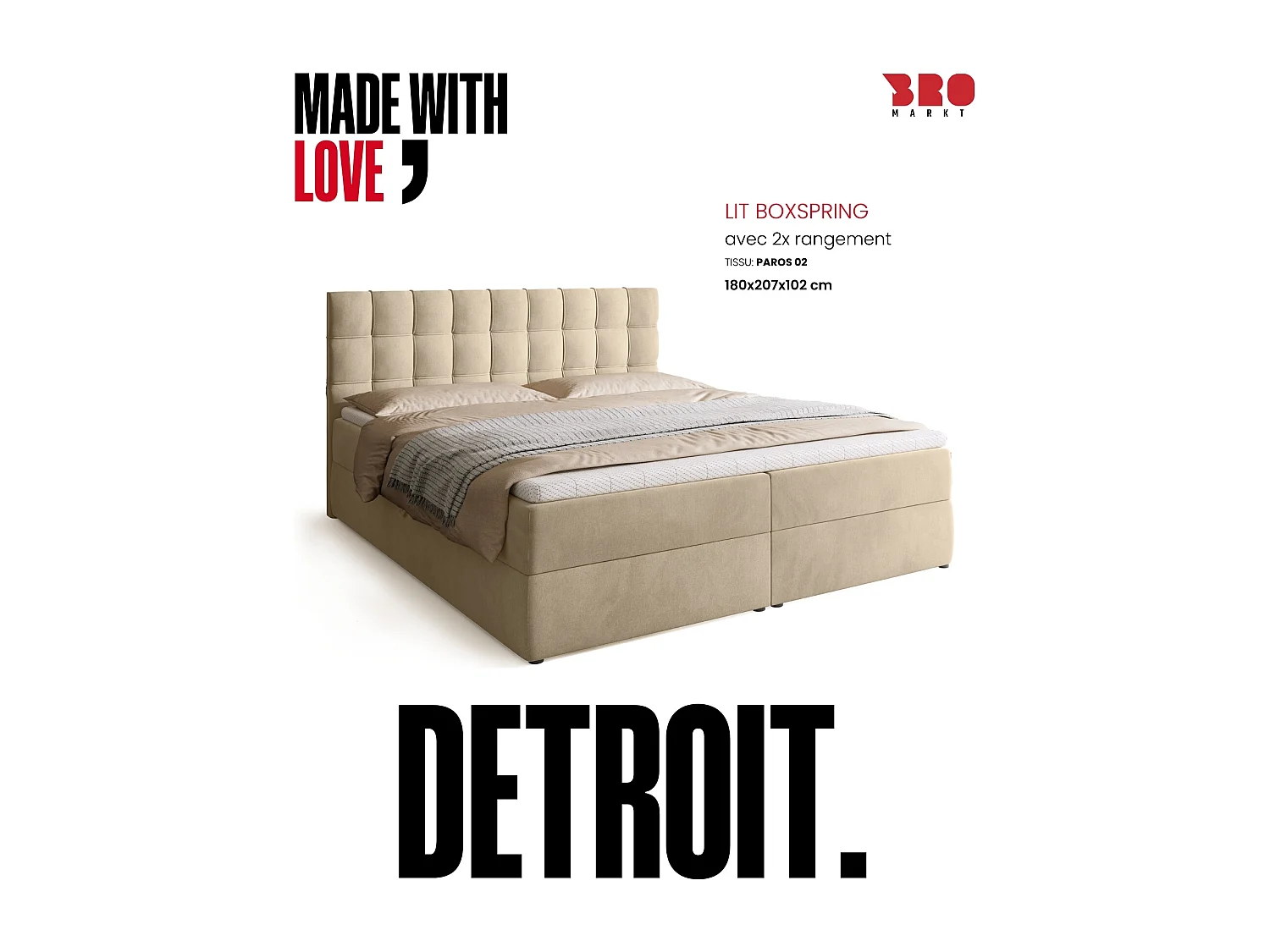Lit boxspring avec rangement DETROIT - matelas - surmatelas - beige - 180x200 cm
