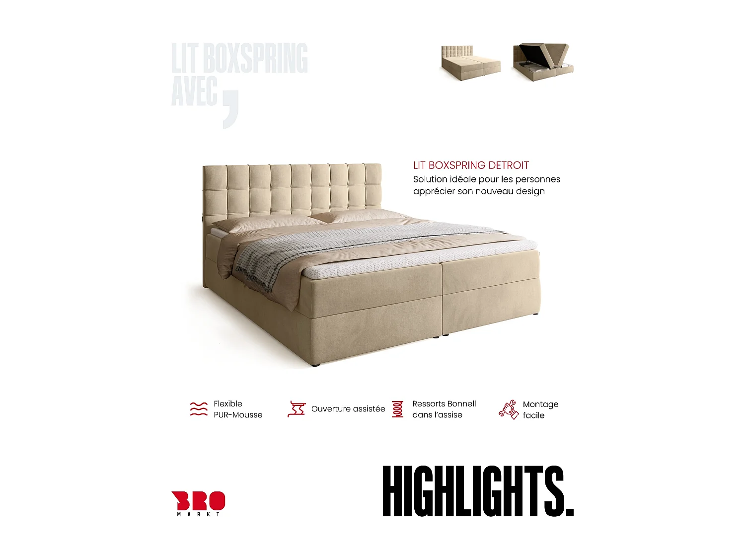 Lit boxspring avec rangement DETROIT - matelas - surmatelas - beige - 180x200 cm