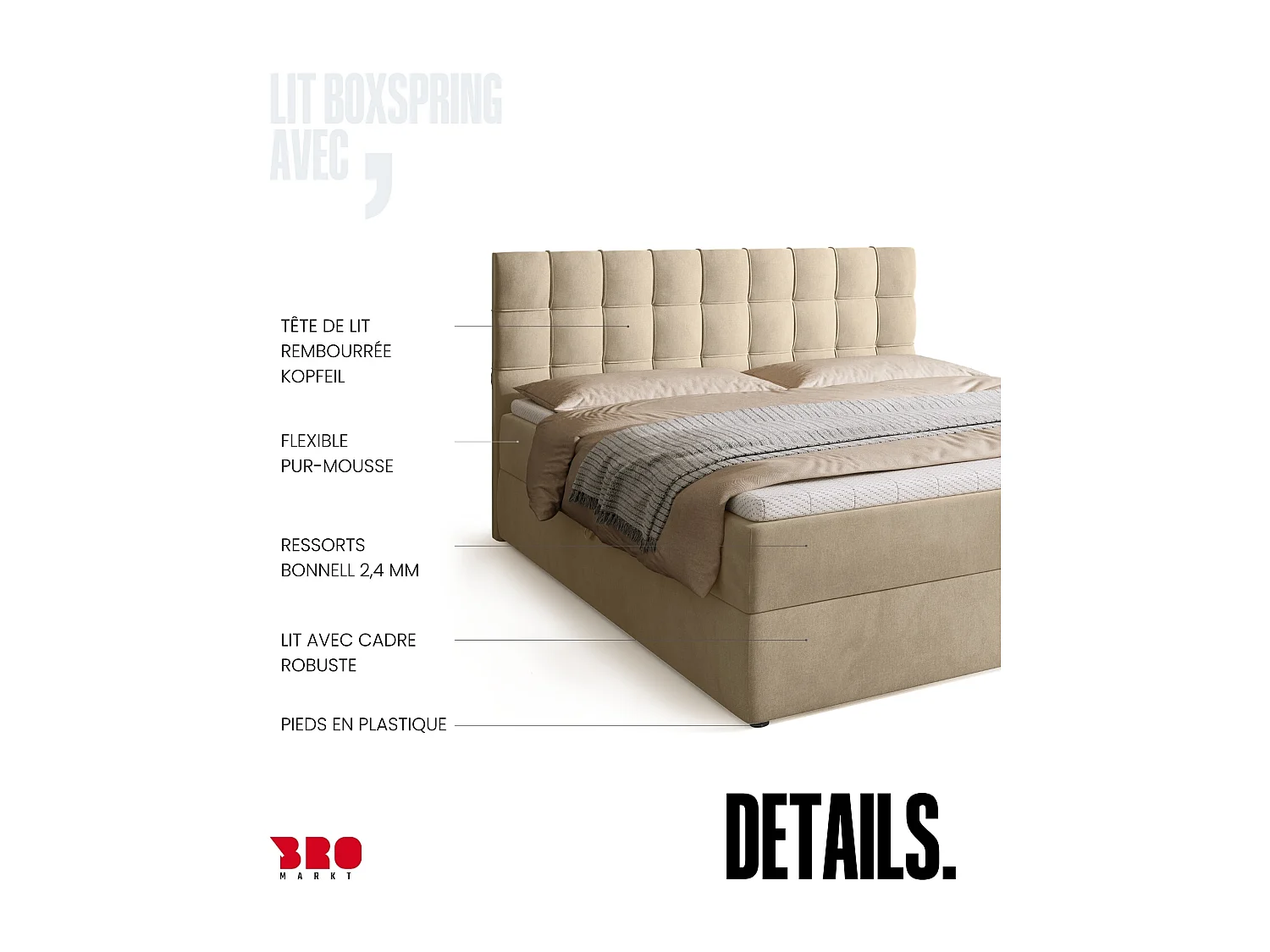 Lit boxspring avec rangement DETROIT - matelas - surmatelas - beige - 180x200 cm