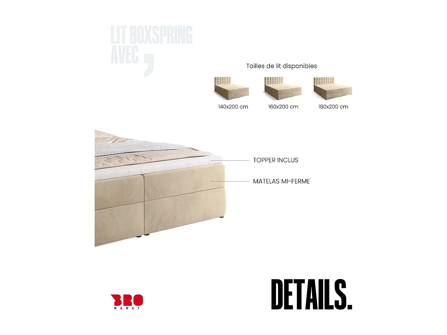 Lit boxspring avec rangement DETROIT - matelas - surmatelas - beige - 180x200 cm