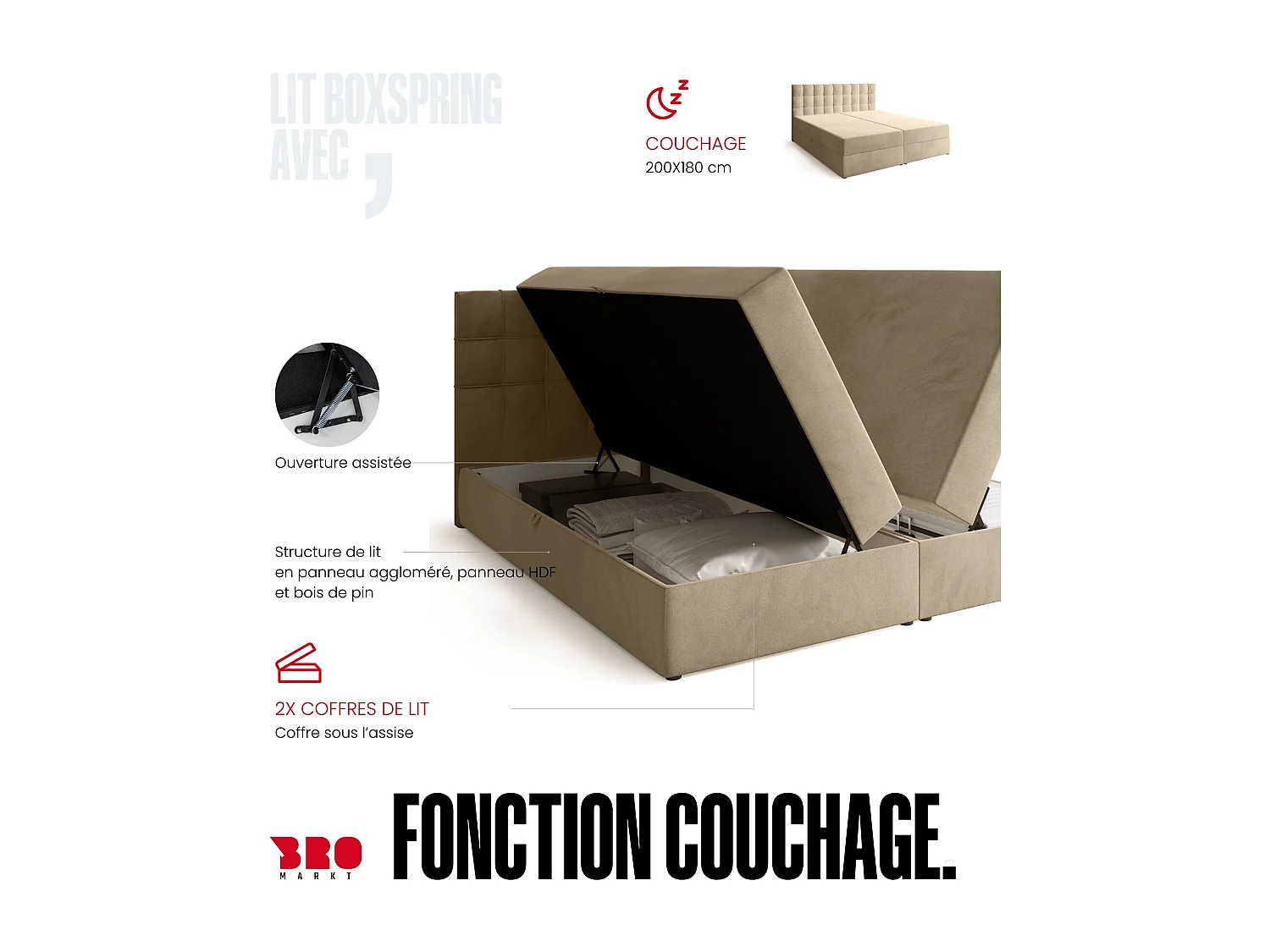 Lit boxspring avec rangement DETROIT - matelas - surmatelas - beige - 180x200 cm