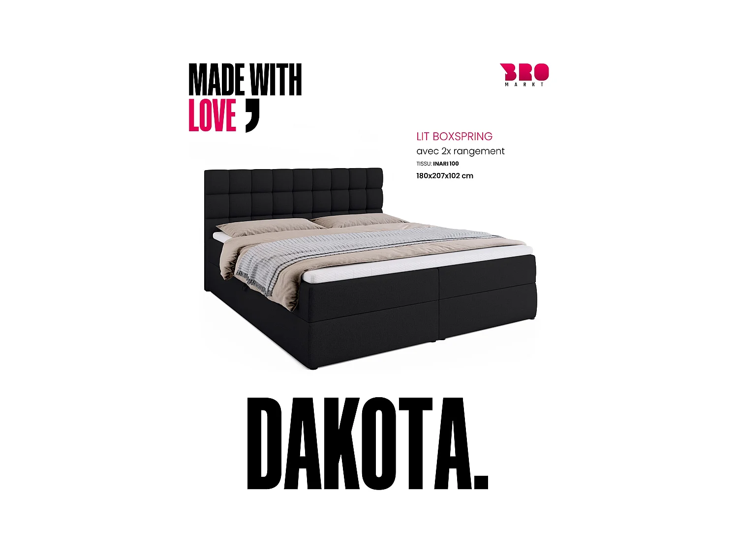Boxspringbed met hoofdeinde, matras en dekmatras - DAKOTA - 180x200 - zwart
