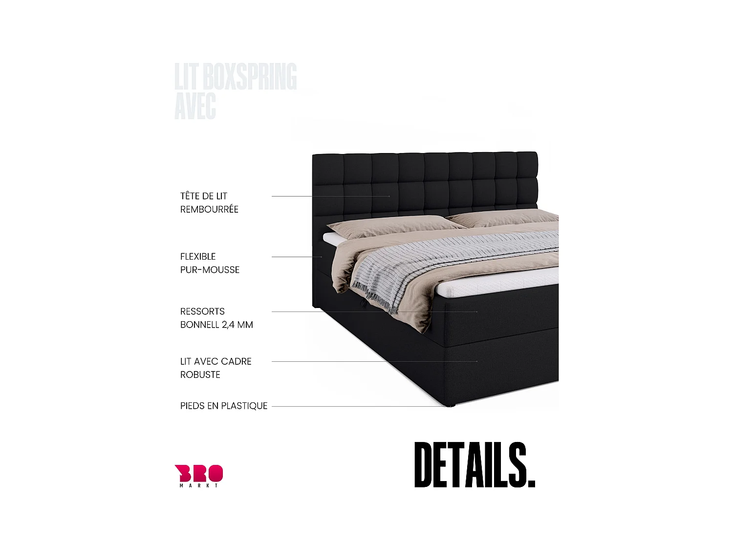 Boxspringbed met hoofdeinde, matras en dekmatras - DAKOTA - 180x200 - zwart