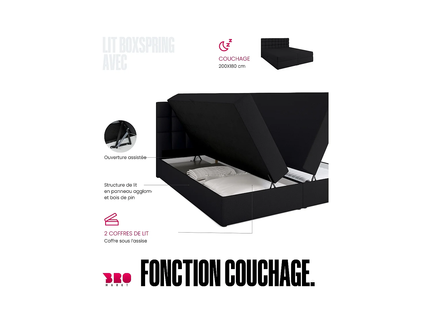 Boxspringbed met hoofdeinde, matras en dekmatras - DAKOTA - 180x200 - zwart