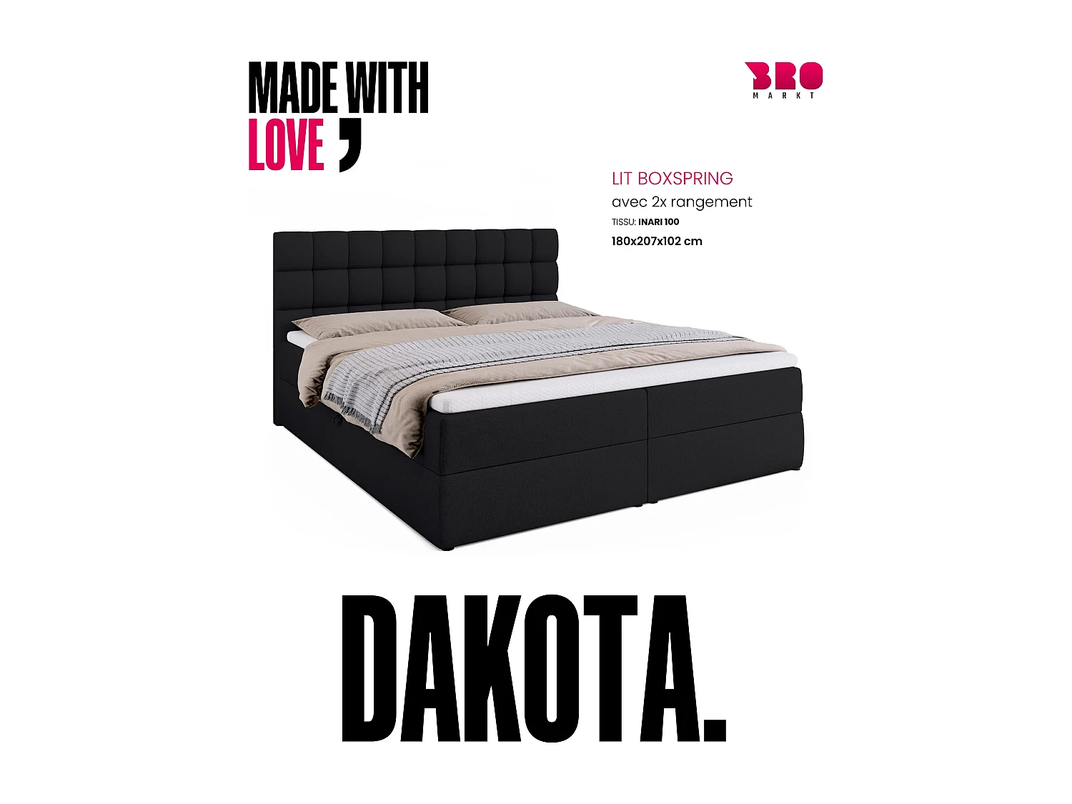 Lit boxspring avec rangement DAKOTA - matelas - surmatelas - noir - 180x200 cm