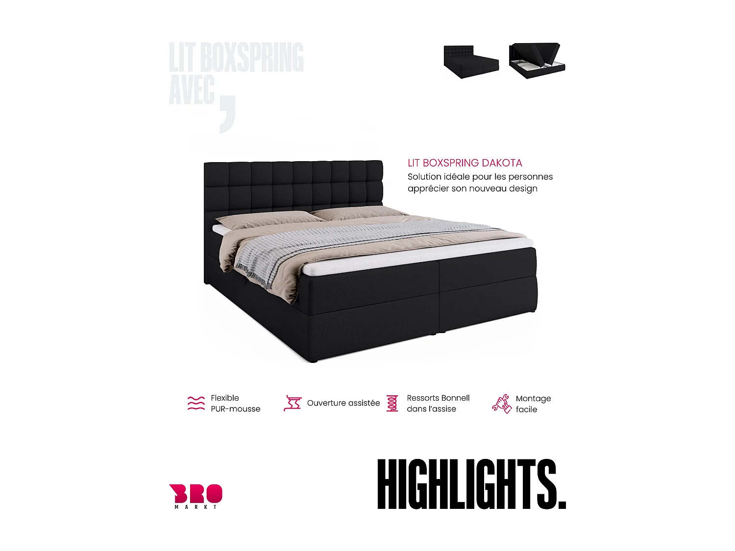 Lit boxspring avec rangement DAKOTA - matelas - surmatelas - noir - 180x200 cm
