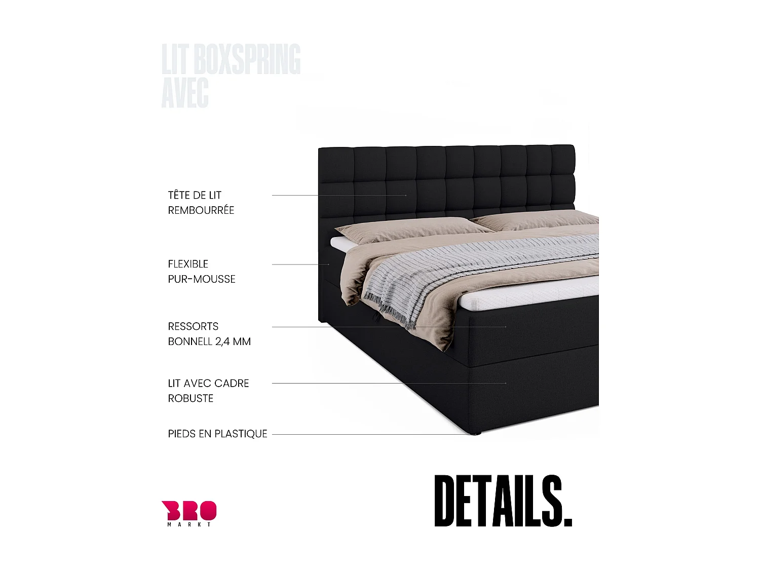 Lit boxspring avec rangement DAKOTA - matelas - surmatelas - noir - 180x200 cm