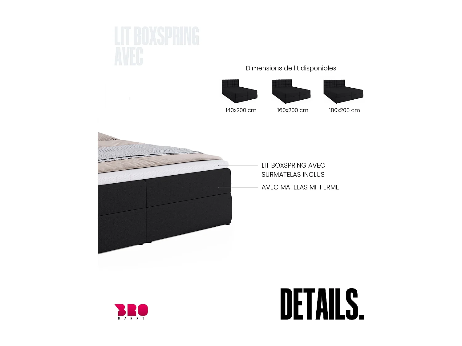 Lit boxspring avec rangement DAKOTA - matelas - surmatelas - noir - 180x200 cm