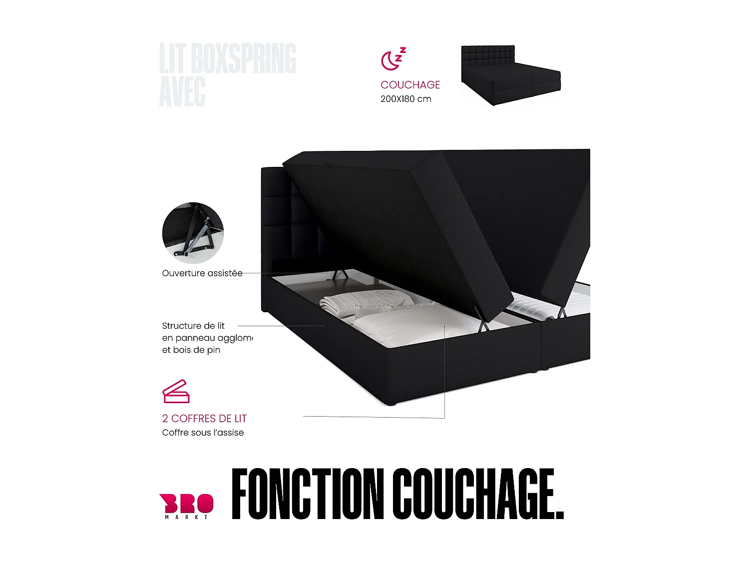 Lit boxspring avec rangement DAKOTA - matelas - surmatelas - noir - 180x200 cm