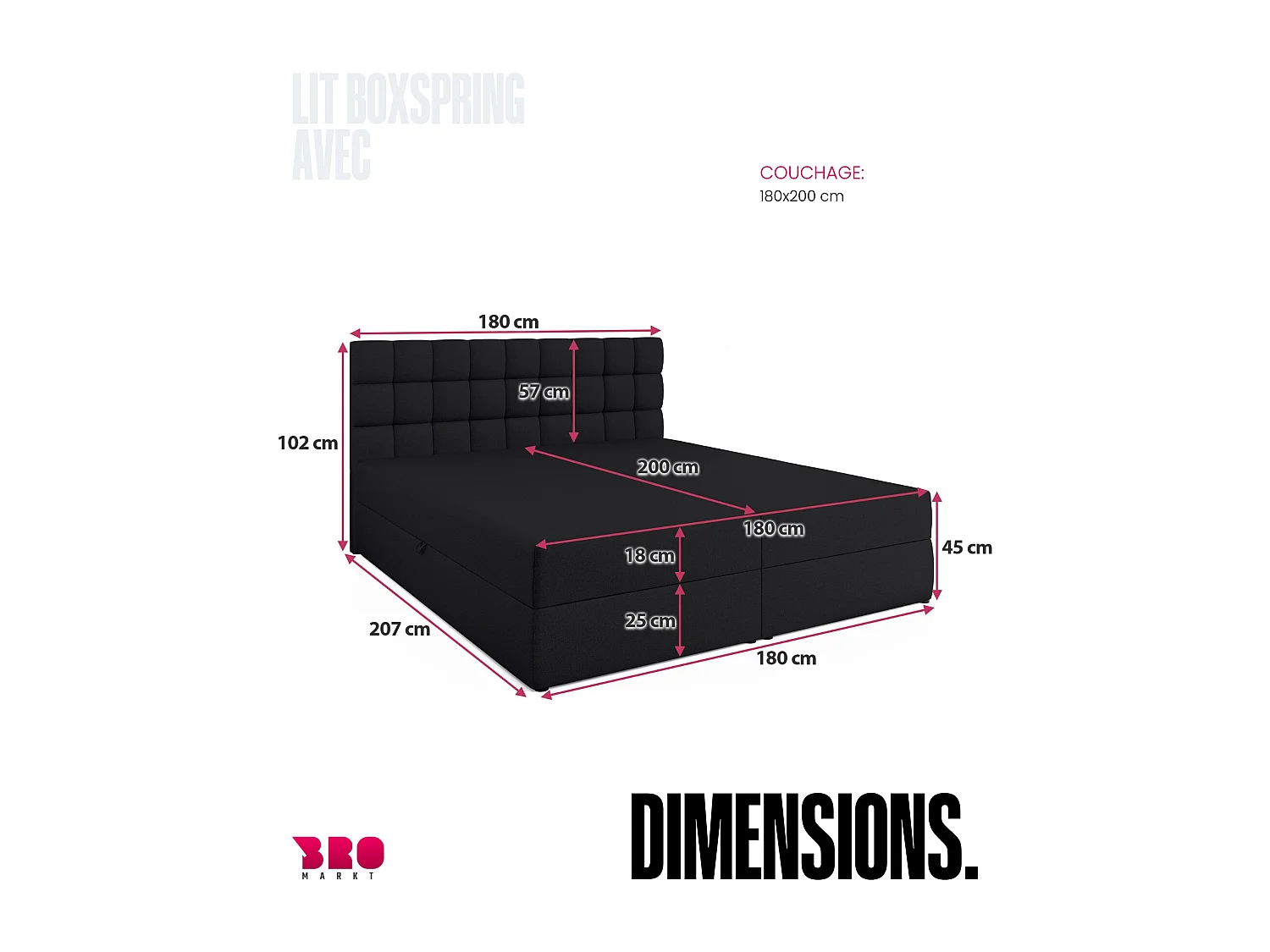 Lit boxspring avec rangement DAKOTA - matelas - surmatelas - noir - 180x200 cm