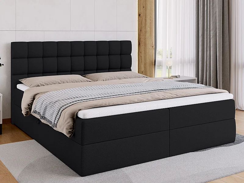 Lit boxspring avec rangement DAKOTA - matelas - surmatelas - noir - 180x200 cm