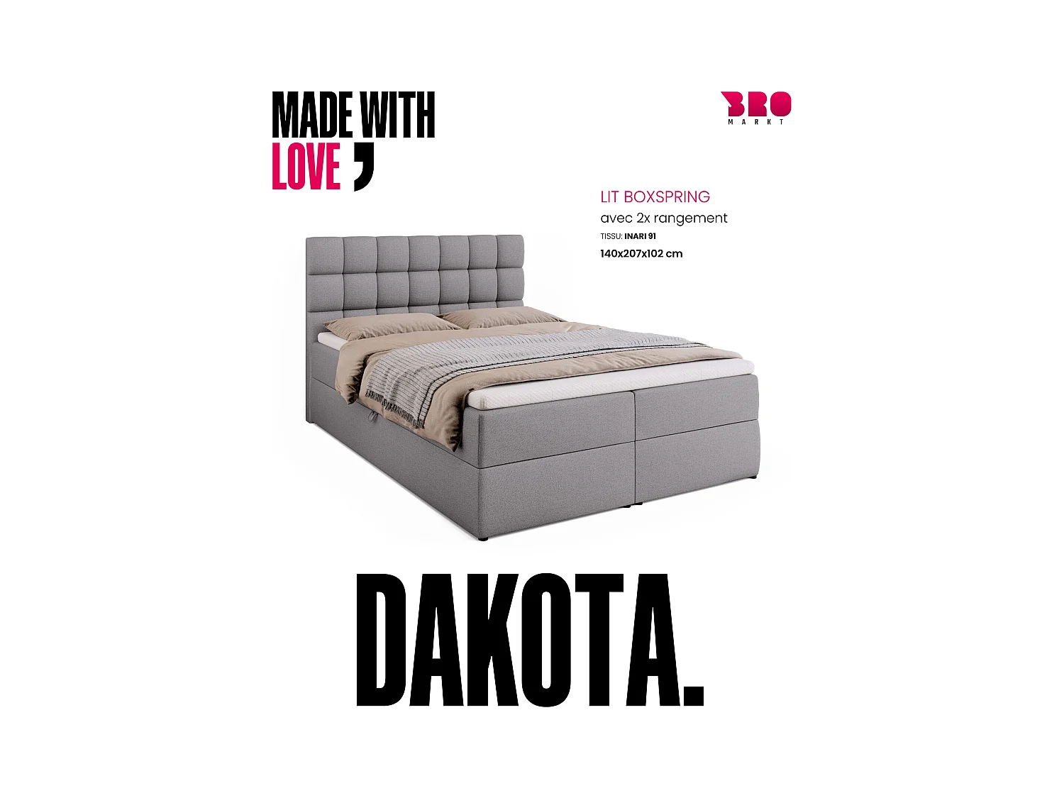 Boxspringbed met hoofdeinde, matras en dekmatras - DAKOTA - 140x200 - grijs