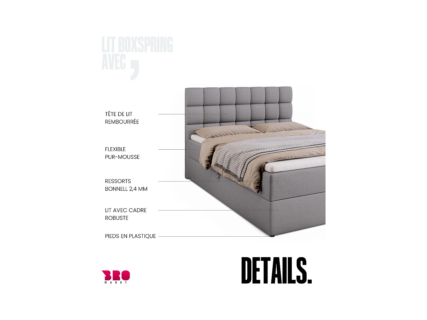 Boxspringbed met hoofdeinde, matras en dekmatras - DAKOTA - 140x200 - grijs