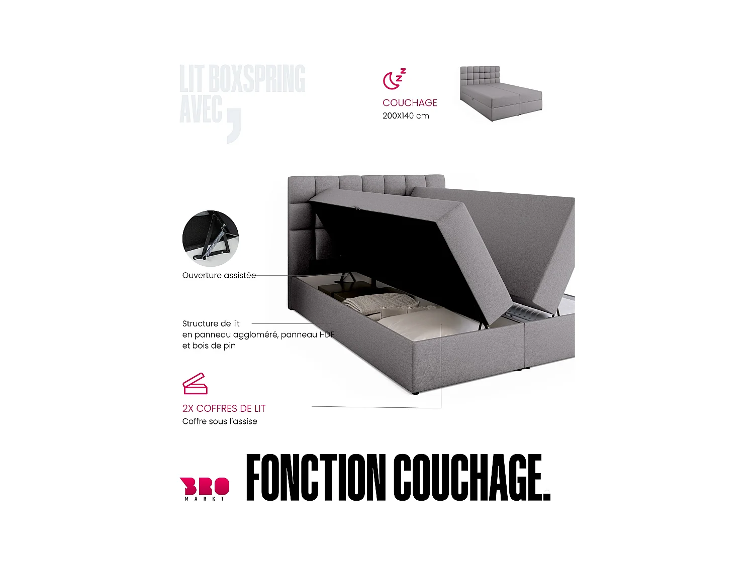 Boxspringbed met hoofdeinde, matras en dekmatras - DAKOTA - 140x200 - grijs