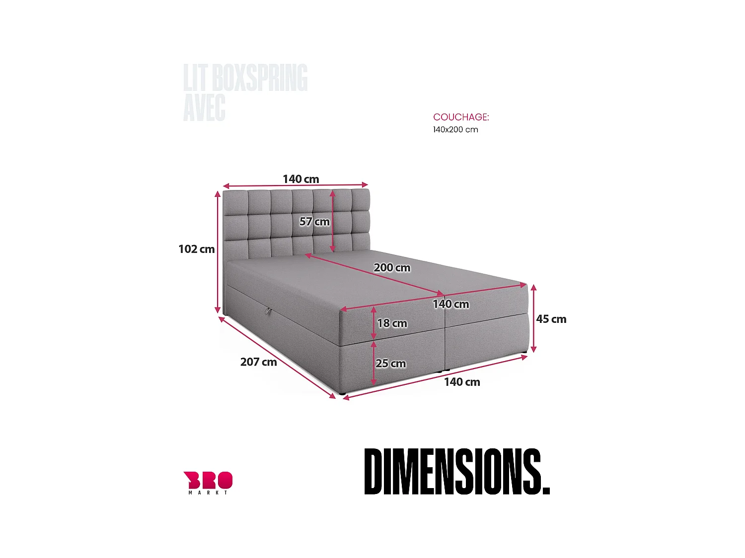 Boxspringbed met hoofdeinde, matras en dekmatras - DAKOTA - 140x200 - grijs