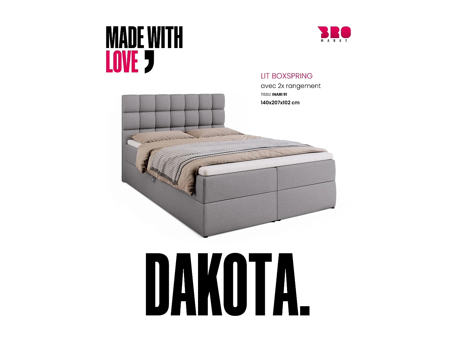 Lit boxspring avec rangement DAKOTA - matelas - surmatelas - gris - 140x200 cm