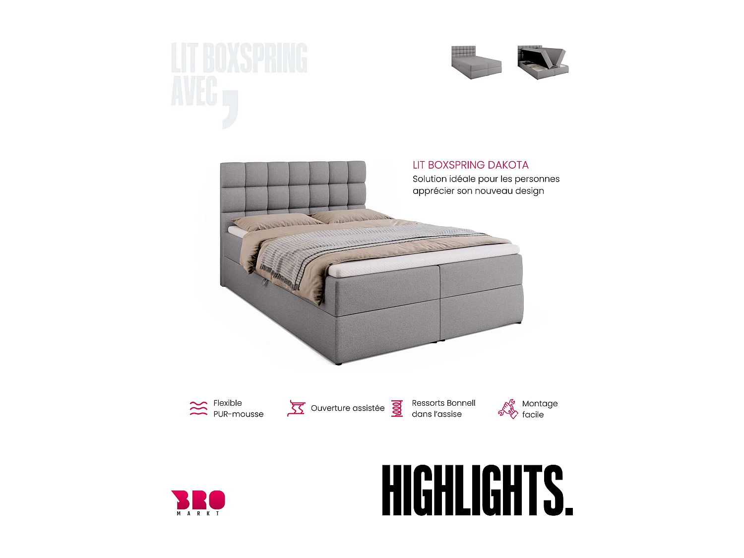 Lit boxspring avec rangement DAKOTA - matelas - surmatelas - gris - 140x200 cm