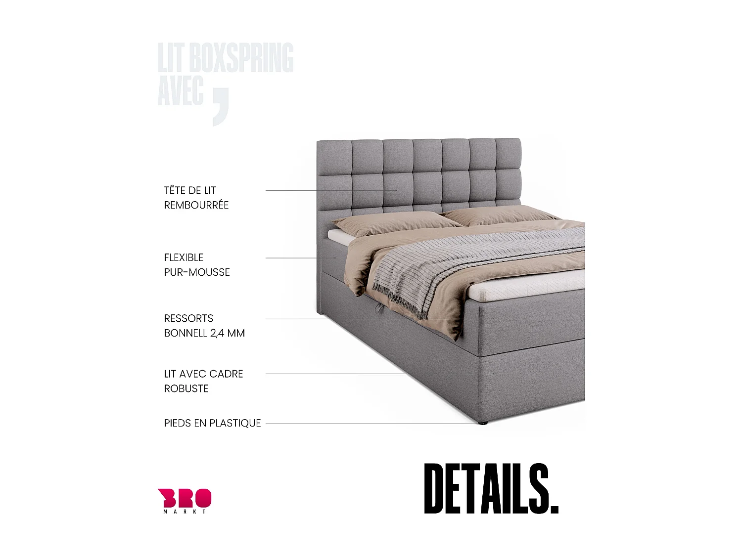 Lit boxspring avec rangement DAKOTA - matelas - surmatelas - gris - 140x200 cm