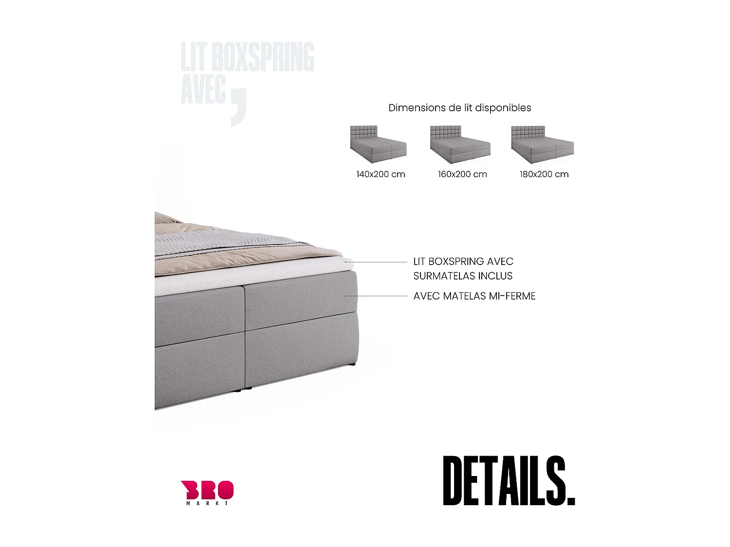 Lit boxspring avec rangement DAKOTA - matelas - surmatelas - gris - 140x200 cm