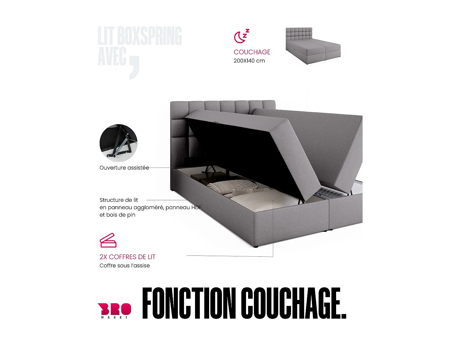 Lit boxspring avec rangement DAKOTA - matelas - surmatelas - gris - 140x200 cm