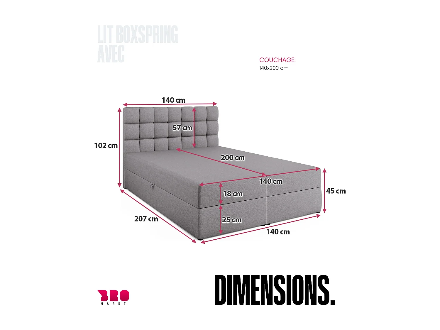 Lit boxspring avec rangement DAKOTA - matelas - surmatelas - gris - 140x200 cm