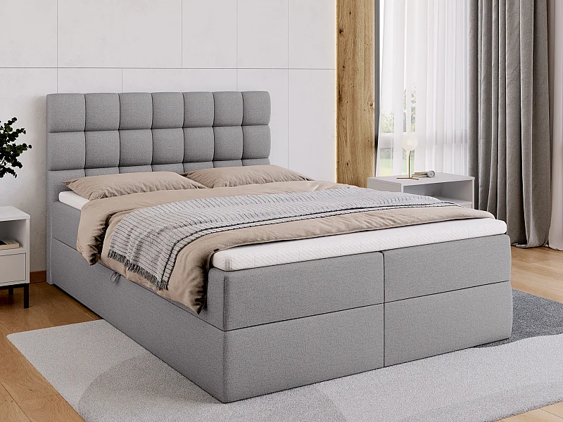 Lit boxspring avec rangement DAKOTA - matelas - surmatelas - gris - 140x200 cm